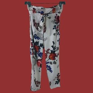 Express High-Rise Floral Dress Cropped Pants with Waist Tie Accent
